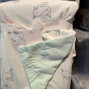 NEW! Mother's Promise Baby Blanket White w/Narwhals Reversible Mint Green